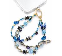 TRBR Blue Butterfly Double Chains Phone Charm Wrist Strap, Beaded Lanyard Wristlet, Elegant Hands-Free Bracelet Strap for iPhone & More Cell Phone Cases