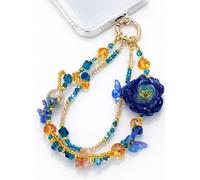 TRBR Floral Double Chains Phone Charm Wrist Strap, Blue Flower & Butterfly Beads Beaded Lanyard Wristlet, Elegant Hands-Free Bracelet Strap for iPhone & More Cell Phone Cases