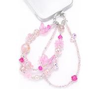 TRBR Lavender Pink Butterfly Double Chains Phone Charm Wrist Strap, Beaded Lanyard Wristlet, Elegant Hands-Free Bracelet Strap for iPhone & More Cell Phone Cases