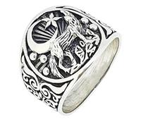 Treasure Bay 925 Sterling Silver Ring For Men and Women Howling Wolf and Crescent Moon Detailing (R)