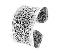 Treasure Bay Women's Floral Wide 925 Sterling Silver Cuff Bangle, Handcrafted Open Bracelet, Intricate Vintage Boho Statement Jewellery, Adjustable Silver Bangle