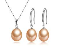 Treasure Bay Women's Pearl Jewellery Set - 925 Silver AA Grade 8-9mm Pearl Necklace Dangle Drop Earrings for Women Ladies Girls Bridal Jewellery (PINK)