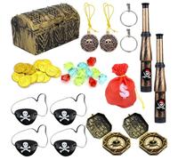 Treasure Box for Kids, 60 PCS Pirate Treasure Toys Decorative Storage Box Treasure Chest Toy Set with Gold Coins Fake Gems Compass Telescope and Pirate Accessories for Halloween Pirates Themed Party
