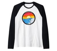 Treasure Cay Bahamas Retro Color Waves and Sunset Raglan Baseball Tee