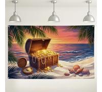Treasure Chest Beach Backdrop, Tropical Sunset Ocean Scene Decorations, Nautical Photography Background for Parties and Events 71x43 Inch