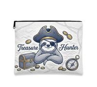 Treasure Hunter Sloth Makeup Bag, Vintage Pirate Cosmetic Travel Pouch for Adults, Portable Canvas Zipper Organizer, Fun Gift for Summer Adventures, White, 7x9 Inch, Sloth