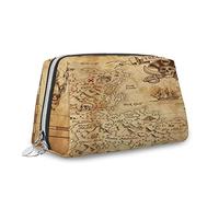 Treasure Map,Leather Large Makeup Bag,Super Detailed Treasure Map,Travel Cosmetic Bag Portable Versatile Zipper Pouch for Women,Yellow,S