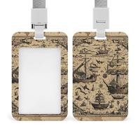 Treasure Map Maritime Pirate Id Badge Holder with Breakaway Lanyard Abs Plastic Name Tag Holder Vertical Clear Front Window Push Slide Card Protector Gift for NurseTeacher Office Staff & Event