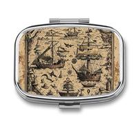 Treasure Map Maritime Pirate Pill Box 2 Compartment Portable Pill Case Daily Square Pill Organizer for Pocket Purse Daily Medicine Container to Hold Vitamins Fish Oil Travel Gifts