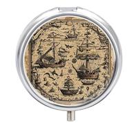 Treasure Map Maritime Pirate Pill Case 3 Compartment Portable Pill Box Daily Round Pill Organizer for Pocket Purse Daily Medicine Container to Hold Vitamins Fish Oil Travel Gifts