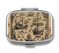 Treasure Map Maritime Pirate pilldispenser with Mirror 2 Compartments Waterproof PillCase for Purse Pocket Non-Slip Grip Travel Medicine Organizer Container Box for Vitamin Fish Oil Supplement
