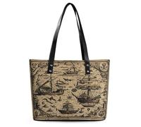 Treasure Map Maritime Pirate Tote Bag Large Soft Leather Purse with Zipper Lightweight Ladies Shoulder Handbag