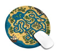 Treasure Map Small Mouse Pad, Cartoonish Playful Pirate Ship Skull Adventure Blue Round Rubber Washable Portable Cloth Mousepad Desk Decor for Office Home Dorm Laptop 8x8 Inch