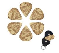 Treasure Map Vintage Guitar Picks 6 Pack, 0.71mm Thickness Celluloid Bass Pick with Leather Guitar Pick Holder Keychain Abstract Art Pics Plectrum for Acoustic Electric Guitar, Ukulele, Bass