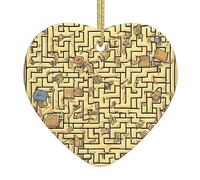 Treasure Maze Ceramic Christmas Heart Pendant, The Pottery Piece is Available with Silk Thread