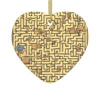 Treasure Maze Printed Heart-Shaped Ornaments, Ceramic Christmas Ornaments, Suitable for Holiday Parties, Souvenirs.