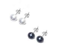 TreasureBay Classic Women's Pearl stud Earrings size 7-8mm colour: Pink/White/Black/Grey/Purple (Black + White set)