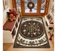 Treasured Christmas Traditions Star Area Rug 3' X 5' | Traditional Greenery Wreath, Gold Jingle Bells, Ornate Holiday Ornaments, Seasonal Entryway Accents