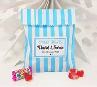 Treasured Forever Personalised Wedding Favour Sweet Bags Birthday Candy Cart Striped Polka Dots | Blue Strips - Just Married | 100