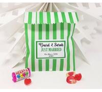 Treasured Forever Personalised Wedding Favour Sweet Bags Birthday Candy Cart Striped Polka Dots | Green Strips - Just Married | 100