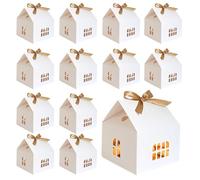 Treat Boxes,Bakery Boxes,Cookie Containers, House Shaped Gift Boxes 12 PCS Cookie Box with Bow Ribbons Kraft Paper Biscuit Boxes for Birthday Xmas Party Supplies White