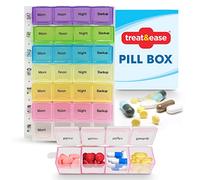 Treat & Ease Weekly Pill Box Organiser 7 Day 4 Times a Day - Colourful Compartments, Storage for Medication, Easy-to-Lift Lids, Travel-Friendly, Ideal for Daily Supplements and Elderly Pill Management