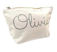 Treat Me Suite Personalised Name Make up Accessory Wash Bag in Black or Natural Colour. Metallic or Glitter Print Presents Birthdays (Natural Colour Bag, Silver Glitter)