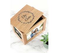 Treat Republic Personalised Couples' Midi Oak Photo Cube Keepsake Box with Wreath Design