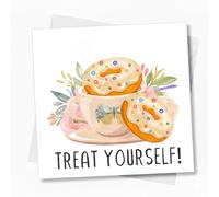 Treat Yourself Donut Card Square | Encouragement Cheer Up Self Care Thinking of You Greeting | Watercolor Tea Cup Floral Design for Her - 114