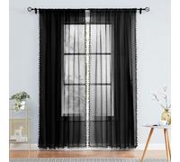 Treatmentex Black Sheer Curtains for Living Room 95" Linen Texture Chic Curtain Panels Pom Pom Trimmed Voile Drapes for Bedroom Office Children's Room 2pcs
