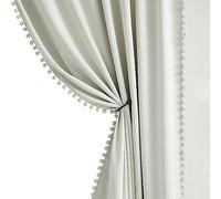 Treatmentex Full Blackout Curtains for Bedroom Natural Ivory Pom-Pom Thermal Insulated Window Drapes 63inch Length Curtain Panels for Kids Guest Room Hotel 52" Wx 2pcs Beige Rod Pocket