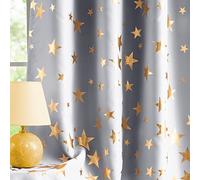 Treatmentex Grey Gold Blackout Curtains for Bedroom 54 inch Drop Eyelet Curtains for Living Room Star Geometric Foil Thermal Insulated Window Curtain Panels 2 Panels