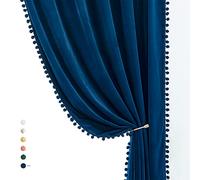 Treatmentex Pom-Pom Blue Velvet Curtains for Living Room 63" Luxury Room Darkening Cotton Feel Soft Classic Navy Royal Blue Window Curtain Panels 2PC