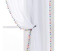 Treatmentex White Linen Sheer Curtains for Living Room 95" Long Colorful Pompoms Kids Window Draperies for Nursery Room Baby Voiles 2 Panels