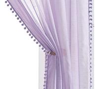 Treatmentex Pom-Pom Sheer Curtains for Girl's Bedroom 84 inches Long Voile Curtain Panels Rod Pocket Lilac 52" w x 2pc