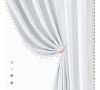 Treatmentex White Blackout Curtains for Bedroom Pom-Pom Thermal Insulated Full Blackout Window Drapes 63inch Length Curtain Panels for Kids Guest Room Hotel 52" Wx 2pcs
