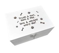 "Treats & Toys" White Wooden Dog Storage Engraved Keepsake Box | Hand-Painted Pet Memory Chest | Dog Toy & Accessory Storage | Durable Pine Wood Box with Secure Metal Clasp | 30 x 23 x 18cm
