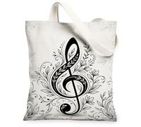 Treble Clef Canvas Tote Bag for Women, Artistic Elegant Floral Vines None Black Washable Reusable Everyday Tote Bags for Shopping Brunch Park Library Day Trips 13x15 Inch