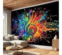 Treble Clef Musical Note Panoramic Wall Mural, Music Graffiti Style Non-Woven Art Print Photo Wallpaper Decor, for Living Room Bedroom Kitchen Dining Room Colorful Wallpaper Mural 300 x 210 cm