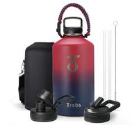 Trebo 1 Gallon Water Bottle Insulated with Paracord Handle and Straw,128oz Vacuum Double Wall Stainless Steel Large Jug,Keep Ice Cold 48hrs, Leakproof Sports Gym Flask for Men Women, Ruby Red
