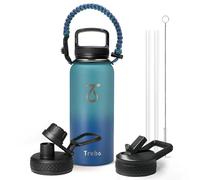 Trebo 32 oz Water Bottle Insulated with Paracord Handle and Straw, Vacuum Double Wall Stainless Steel Water Jug Keep Cold 48 Hours, Water Flask with 3 Lids for Men women Sports Travel gift, Cyan Blue