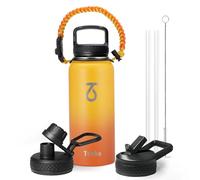 Trebo 32oz Water Bottle Insulated with Lid and Straw,Double Wall Vacuum Stainless Steel Metal Tumbler Sports Flask with Paracord Handle, Keep Hot 24 Hours & Cold 48 Hours Water Cup with 3 Lids, Orange