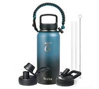 Trebo Insulated Mental Water Bottle 1L with Paracord Handle Double Wall Stainless Steel Sports Keep Cold 48 Hours Wide Mouth with 3 Lids, Indigo Black