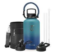 Trebo Insulated Water Bottle 2 L, Half Gallon Metal Vacuum Water Jug with Handle and 3 Lids, Leakproof BPA-Free Water Flask for Gym Sports Hiking Travel, Keep Cold 48 Hours, Cyan Blue