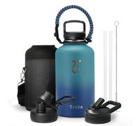 Trebo Insulated Water Bottle 64 oz, Half Gallon Metal Vacuum Water Jug with Handle and 3 Lids, Leakproof BPA-Free Water Flask for Gym Sports Hiking Travel, Keep Cold 48 Hours, Cyan Blue