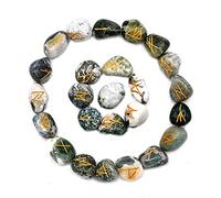 Tree Agate Runes Stone Set with Velvet Pouch and Instruction EBook ~ Elder Futhark Runes Engraved Pagan Viking Symbols for Reiki Healing, Crystal Grid & Energy Balancing