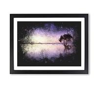 Tree Alone During A Purple Sunset Paint Splash Modern Art Framed Wall Art Print, Ready to Hang Picture for Living Room Bedroom Home Office Décor, Black A2 (64 x 46 cm)
