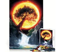 Tree And Waterfall Under A Fiery Moon 1000 Piece Jigsaw Puzzles for Teenagers Jigsaw Logical Skill Casual Enjoyment Precise Join Thoughtful Gift (38x26cm)