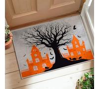 Tree Area Rug, Halloween Spooky Haunted House Bats Halloween Orange Non-Slip Backing Doormat Throw Rug Edge Binding Bathroom Laundry Room Kitchen Entryway Decor 2' X 3'