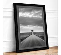 Tree at Road's End Minimalist Framed Wall Art Print A2 (59.4×42cm) Black,